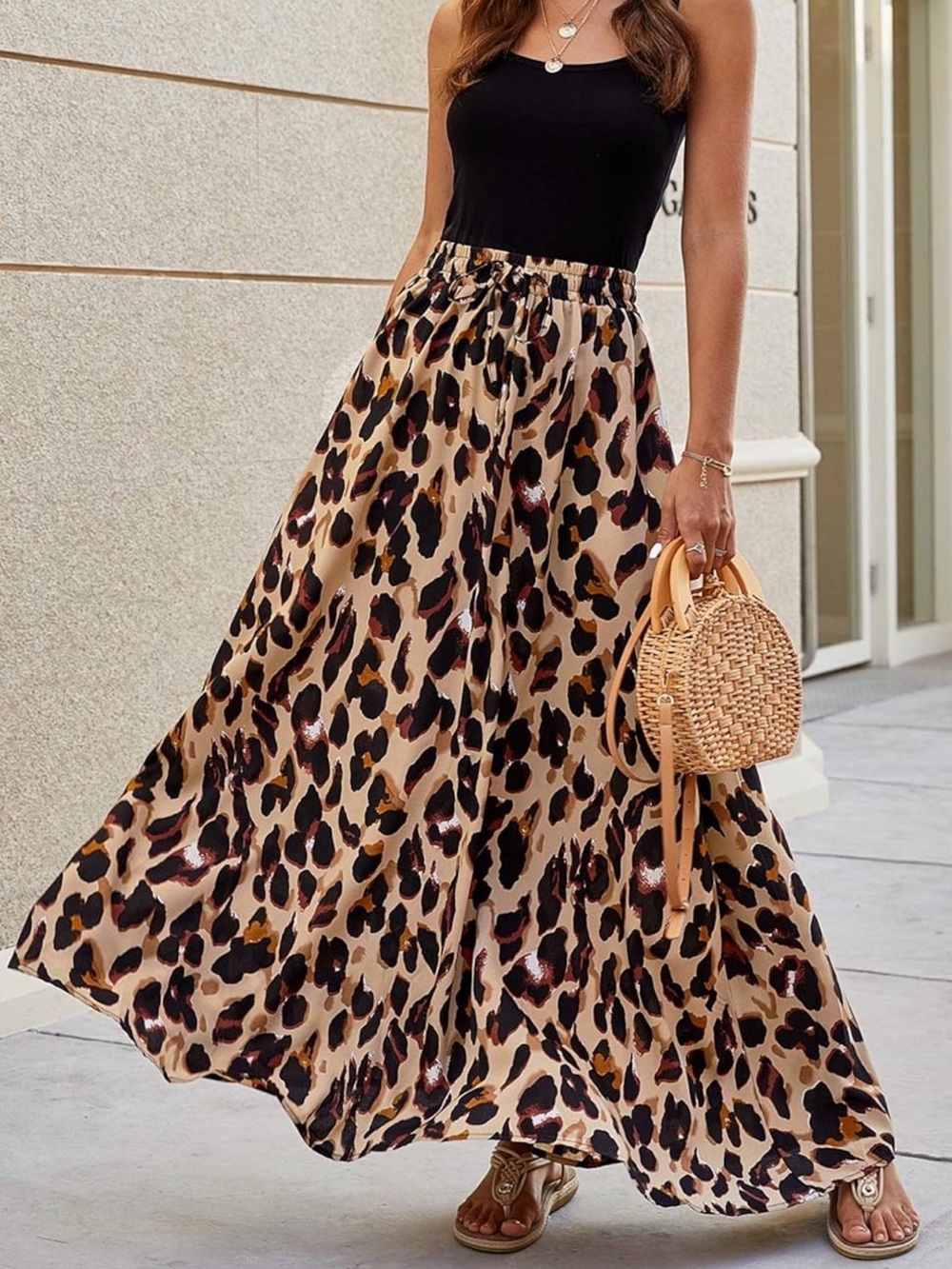 Leopard Print Maxi Skirt - Beige